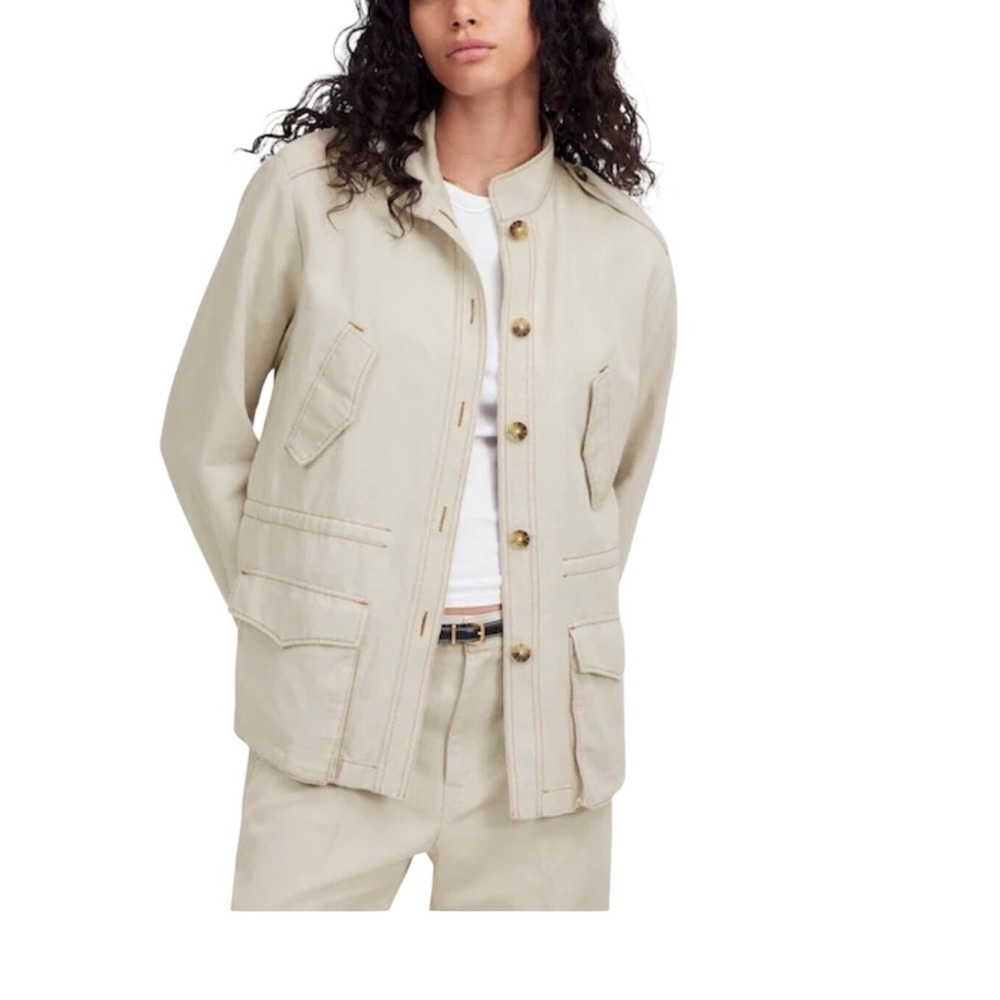 Madewell Beige Denim Utility Field Jacket Mock Neck Drawstring Waist Womens SZ S